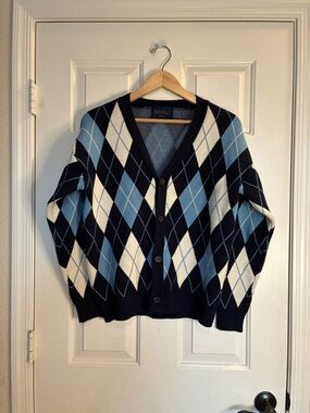 Navy & Light Blue Argyle Cardigan Sweater - Men's